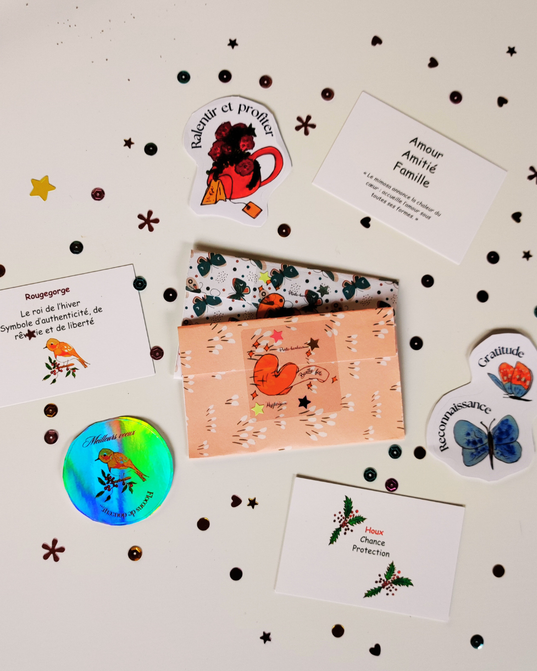 Lot Porte-Bonheur 2026 – 5 Cartes Cookie Fortune + 5 Stickers