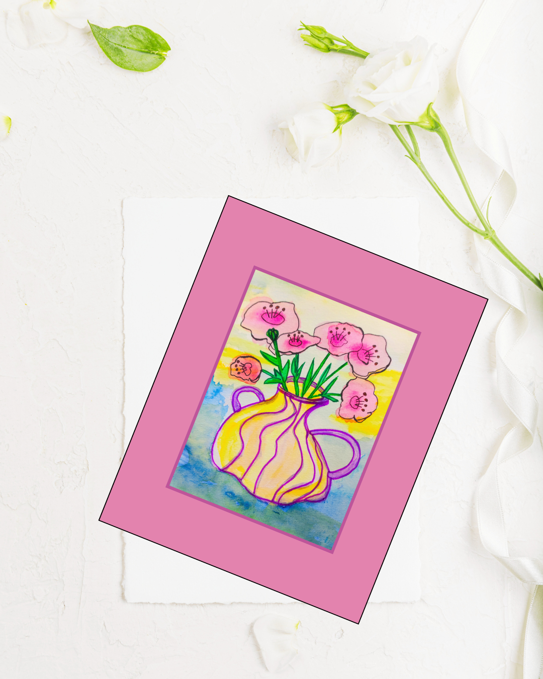 Carte illustrée – Bouquet de fleurs et enveloppe blanche